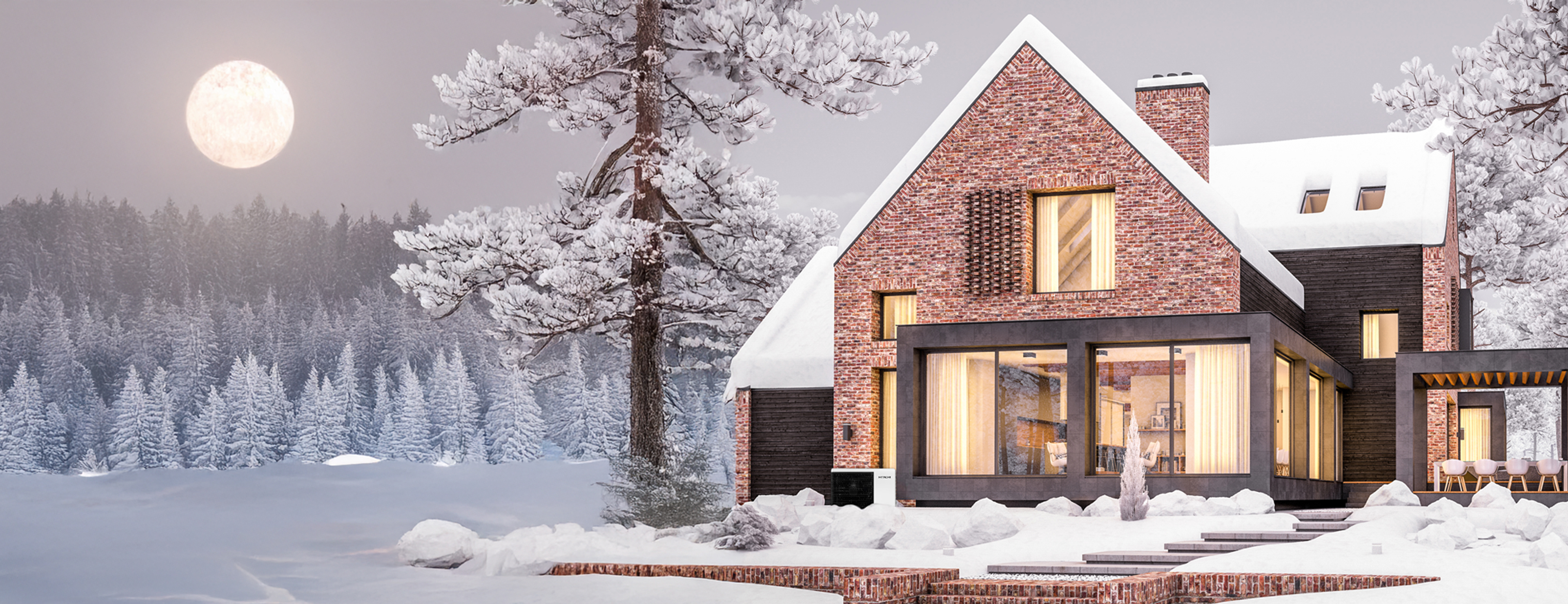 Winterlandschaft mit Hitachi Wärmepumpe am modernen Haus Modernes Haus im Winter mit Hitachi Wärmepumpe – energieeffiziente Heizung bei Schnee und Kälte