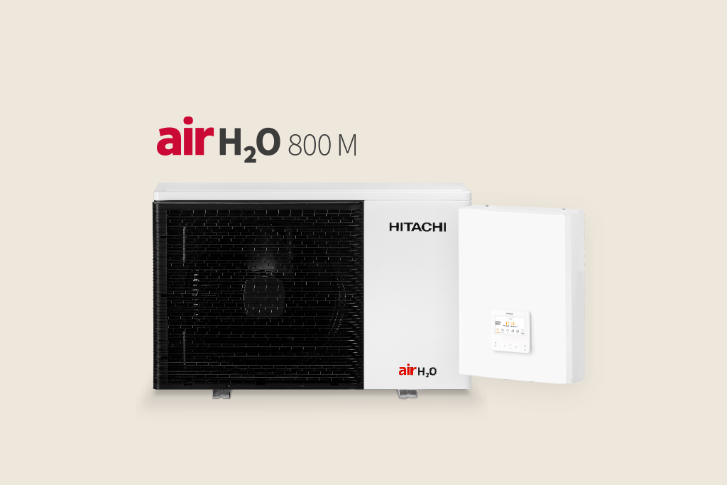 Hitachi airH2O 800 M Monoblock mit Elekrobox Hitachi airH2O 800 M Monoblock-Wärmepumpe mit Außeneinheit und Steuerungspanel