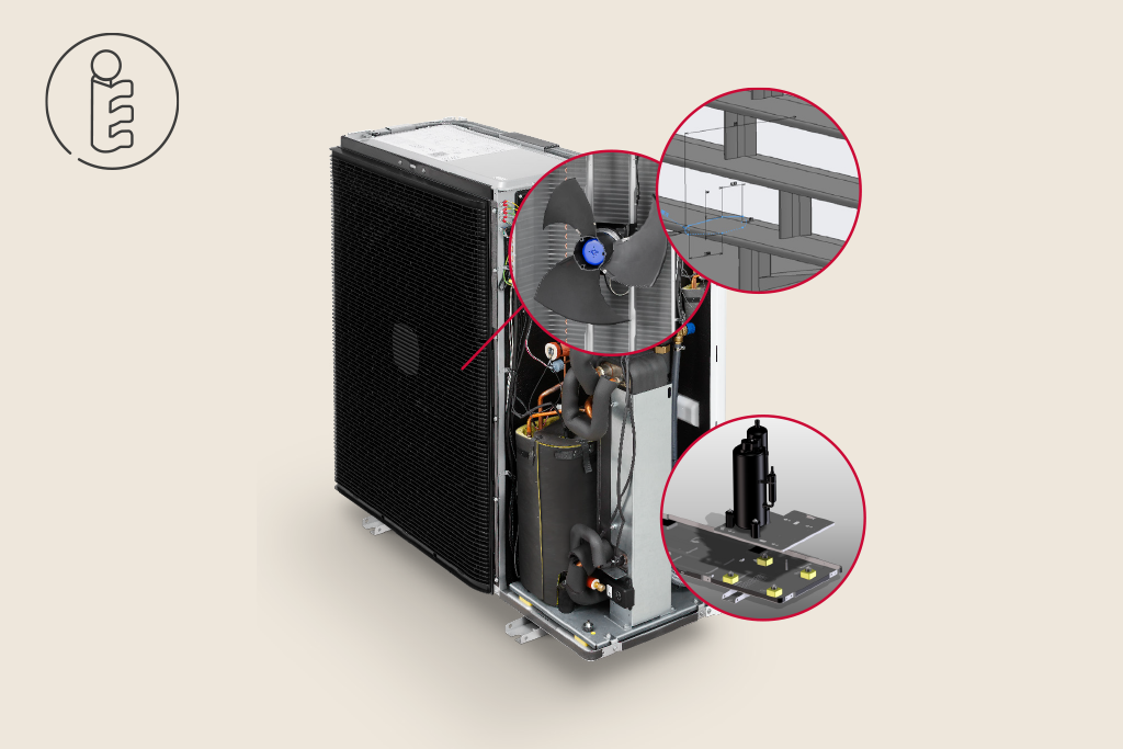 Technische Details der Hitachi Wärmepumpe – geräuscharmes Design Innenansicht der Wärmepumpe mit Fokus auf Lüfter, Rohrleitungen und Montageelemente